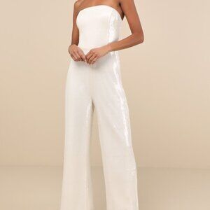 Lulus Cherelle Cream Sequin Strapless Jumpsuit White - Size M